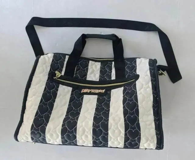 BETSEY JOHNSON Large Travel Bag Black & White Stripe Hearts Studded Feet  EUC