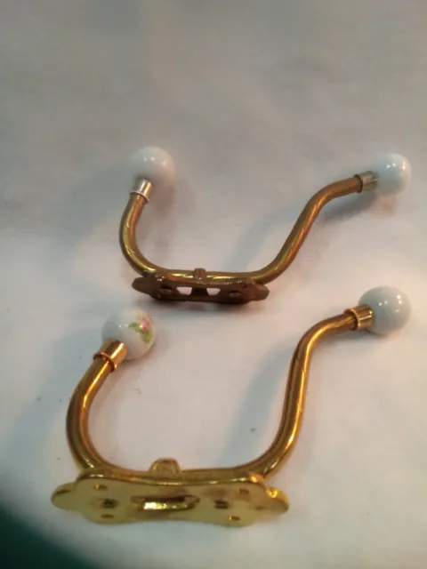 Two Vintage Brass Double Towel Hangers with Porcelain Knobs