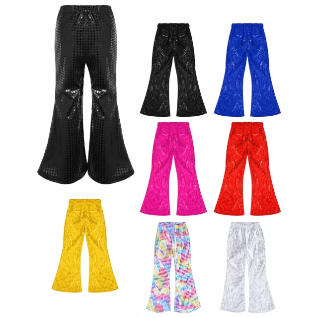 Girls Boys Shiny Sequin Jazz Hip-Hop Dance Pants Wide Leg Bell-Bottoms Trousers 3