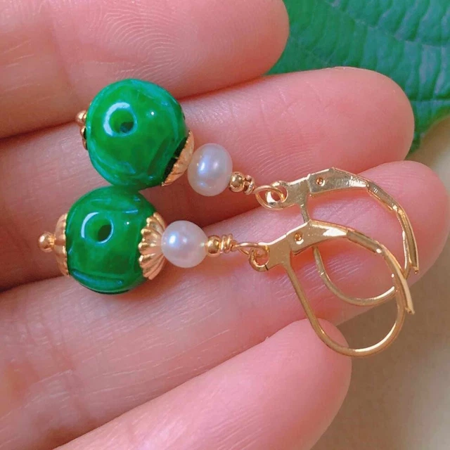 Natural Pumpkin shape Jadeite beads Pearl eardrop gold Earring Gift FOOL'S DAY