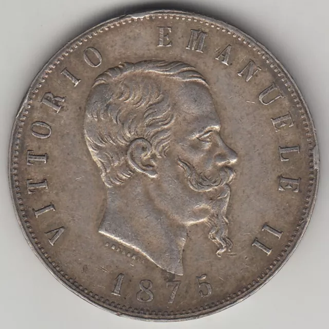 Italy 5 Lire, 1875, Vittorio Emanuele II .900 Silver coin Beautiful toning KM8.3
