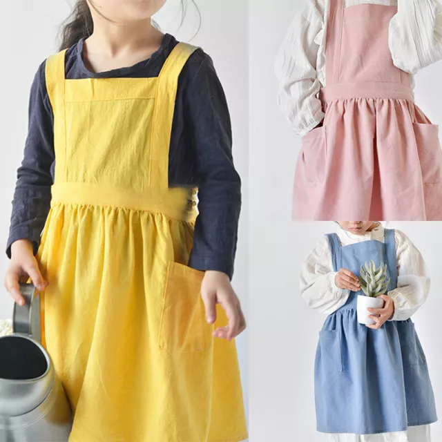 Kids Cotton Linen Aprons Baking Uniform Side Pocket Painting Cooking Pinafore VT