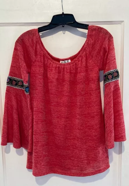 VaVa by Joy Han Red Floral Embroidered Top Long Bell Sleeve Womens Size S