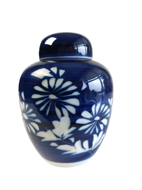 Vintage Colbalt Blue Ginger Jar w/ White Flowers Approximately 5"H  #20684