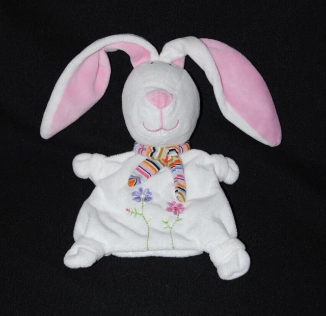 Marionnette doudou lapin CP INTERNATIONAL blanc rose fleurs écharpe rayée TTBE