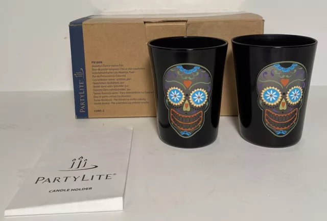 PartyLite Skeleton Dance Votive Candle Holders Pair Skull Day Of The Dead Mask