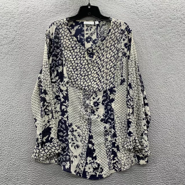 SUSAN GRAVER Blouse Womens Medium Top Floral Long Sleeve Sheer Blue White