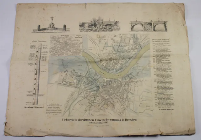 Alter Stadtplan Dresden. Übersicht der großen Überschwemmung am 31. März 1845.