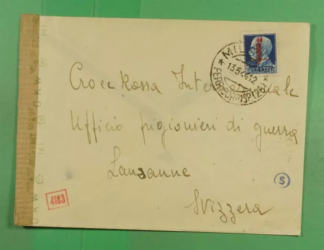 DR WHO 1944 ITALY OVPT WWII CENSORED MILAN TO SWITZERLAND RED CROSS j44470