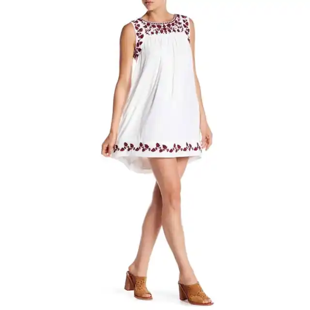 Lucky Brand Hannah Womens Medium Shift Dress Embroidered Boho White Sleeveless