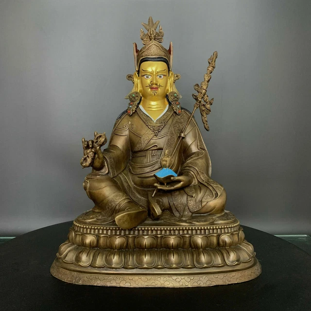 13'' Antique Tibetan Buddhism temple Bronze 24k gilt Guru Rinpoche Buddha Statue