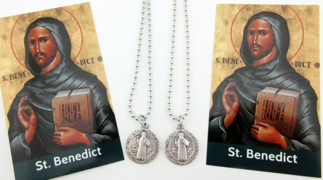 2 pc Lot St Benedict Religious Medal Necklace,Silver Plated,No Tarnish Chain