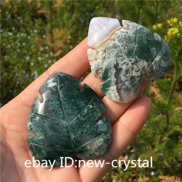2" Carved Natural moss agate leaves Quartz Crystal leaves Reiki Healing 1pc