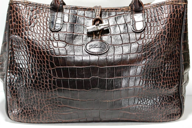 Vintage LONGCHAMP Croc Embossed Roseau Brown Leather Tote Bag France 6