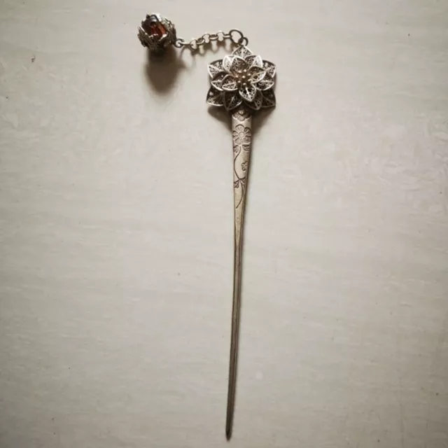 Old Chinese Tibet Silver Handcarved Lotus Flower Bell Hair Hairpin Statue