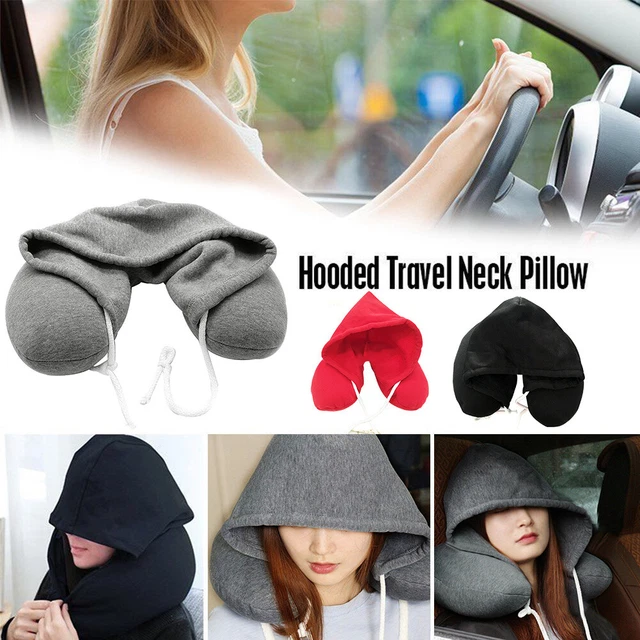 Adults Portable Solid Neck Pillow U-shaped Drawstring Microbeads Hooded Travel