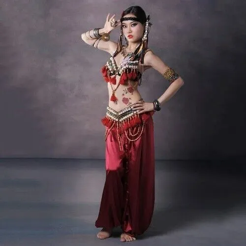 ATS Tribal Belly Dance Costume Set 3pc Bra Belt Pants Red Gypsy Dancwear Indian