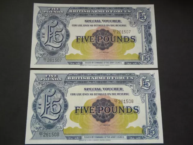 Pair British Military Armed Forces Uncirculated Notes/ Vouchers Series 2 £5 Note