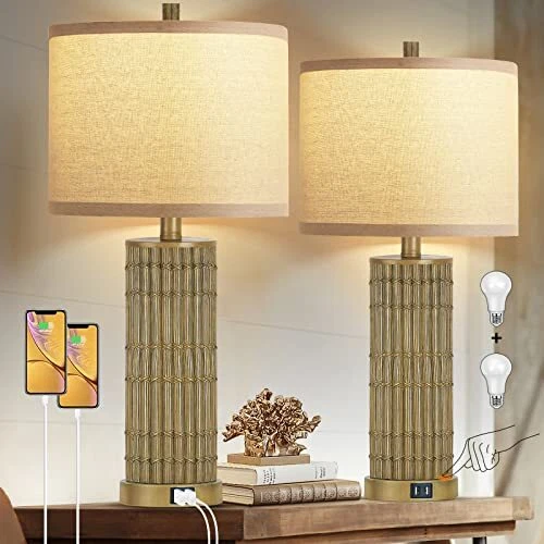 WIHTU Table Lamps Set of 2 with 2 Charging Ports AC Outlet 27" High Bamboo Be...