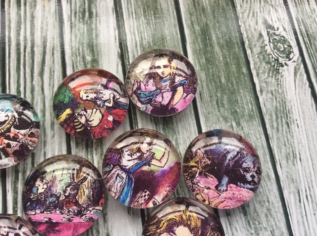 10 Alice in Wonderland Cabochons 16-25mm Mixed Round Glass Dome Seal Flat Back 2