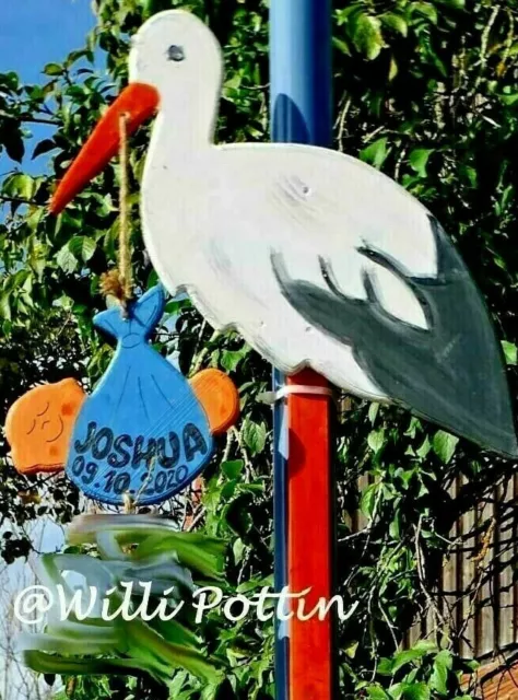 Storch zur Geburt Geschenk aus Holz Handarbeit Gesamthöhe 60 cm Klapperstorch