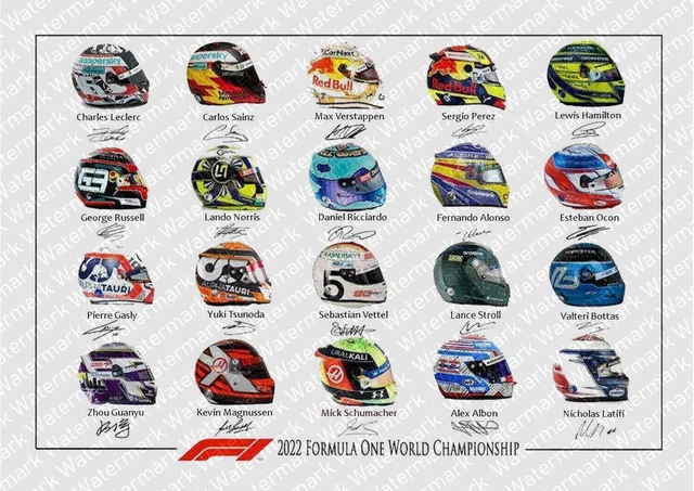 CASCHI MOTORE F1 2022 A4 Firmati Edizione Limitata Poster Stampato INCORNICIATO 9097