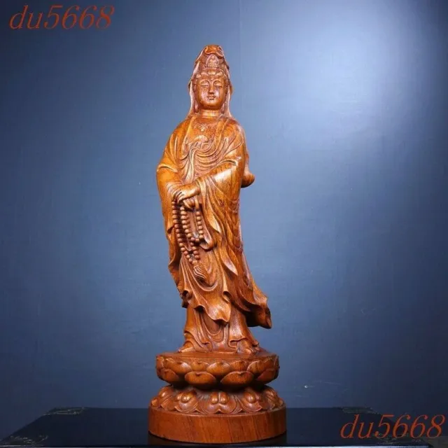 14.4"China huanghuali wood carved lotus Kwan-Yin GuanYin goddess Buddha statue