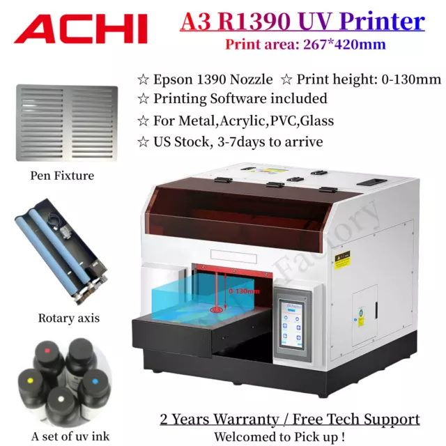 ACHI A3 UV Printer 1390 PrintHead Cylindrical 3D Rotary axis Embossed UV INK