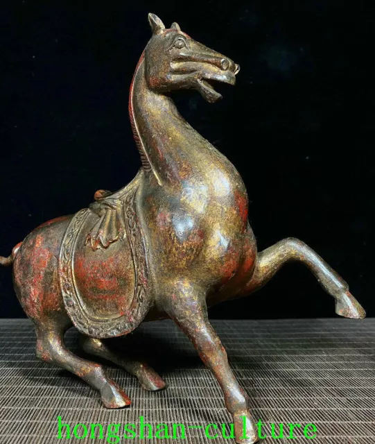 9.6" Old Pure Bronze Gold Dynasty Feng Shui Richesse Cheval Animal Statue 3