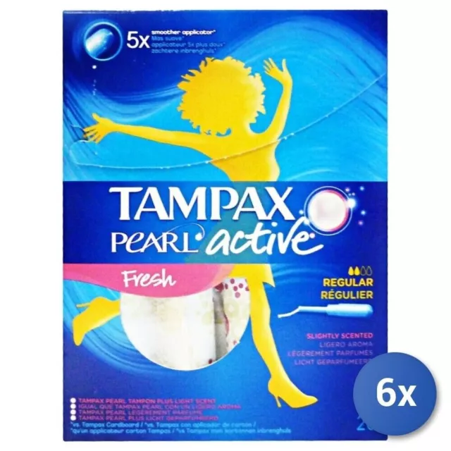 6x Tampax Tampons Intérieur Regular 20 Pièces Perle Active Frais