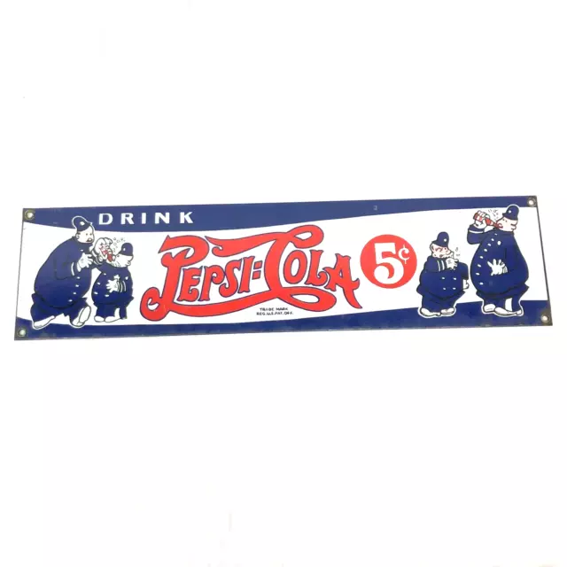Embossed Drink Pepsi-Cola 5 Cents Pepsi 'Cola Cops' 18”x 4.5” Enamel Metal Sign