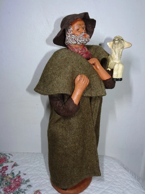 Ancien Santon Devineau - Berger Au Mouton Pour Crèche (H:9cm)