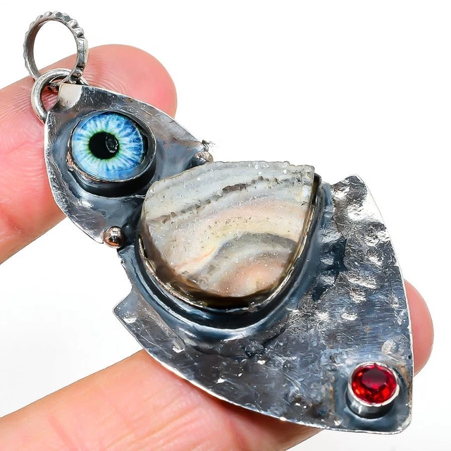 Desert Rose Druzy, Evil Eye Gemstone 925 Sterling Silver Pendant 2.80" Easter A6