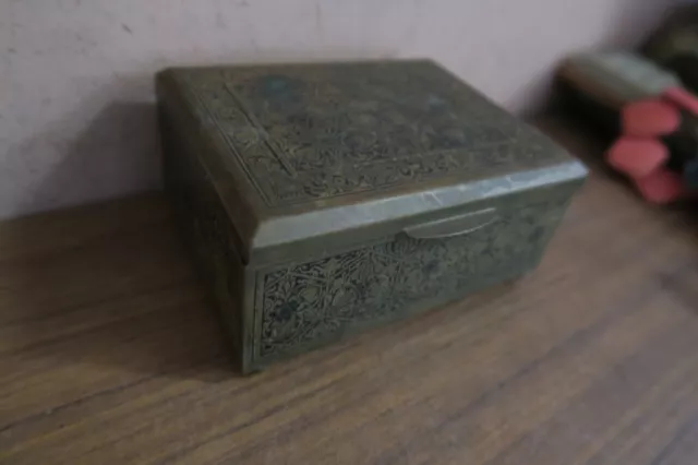 Antique Anglo-India Tea Box Engraved Brass Enamel Wood Lined 5" x 4"