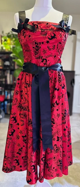 RED SATIN HELL Bunny Rockabilly Fit Flare Dress Flocked Black Tattoo Print M 38.00 PicClick UK