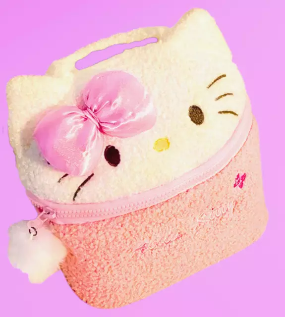 Hello Kitty Japan Plush Cosmetic Bag Pink White Face Sherpa Travel Case Beauty