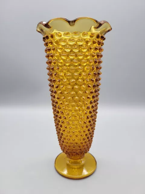 LE Smith Amber Glass Hobnail Fluted Vase Footed Bottom 8 3/4" Tall Vintage MCM