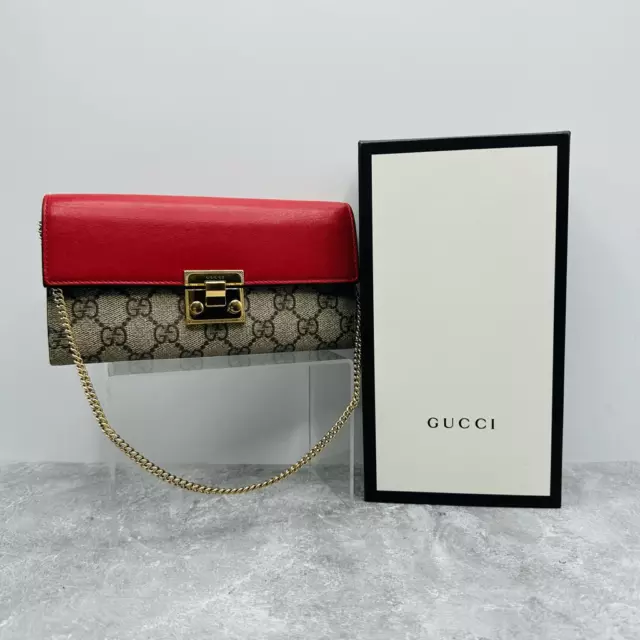 GUCCI GG Supreme Monogram Moon Calfskin Padlock Continental Chain Wallet Shoulde