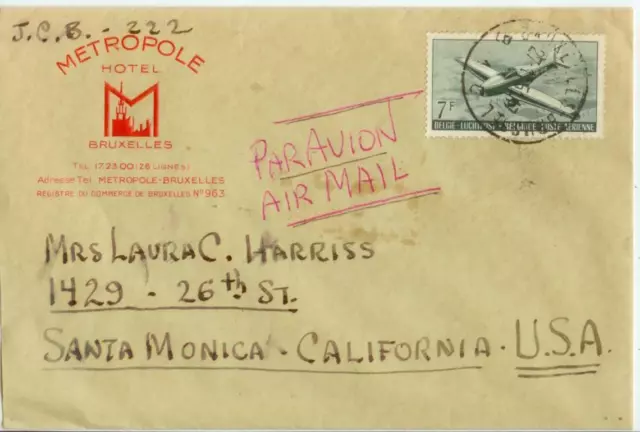 1951 Brussels Belgium Sc C14 Air Mail cover to California - Metropole Hotel