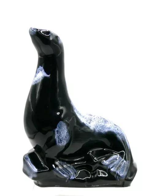 Blue Mountain Pottery Sea Lion 19cm h Blue/White Black Drip Glaze.