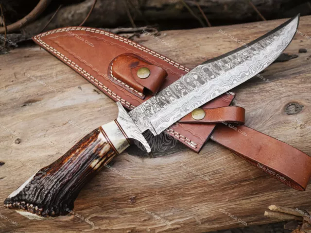 Custom Handmade Damascus Steel Hunting Bowie Knife Stag/Antler Handle Wth Sheath
