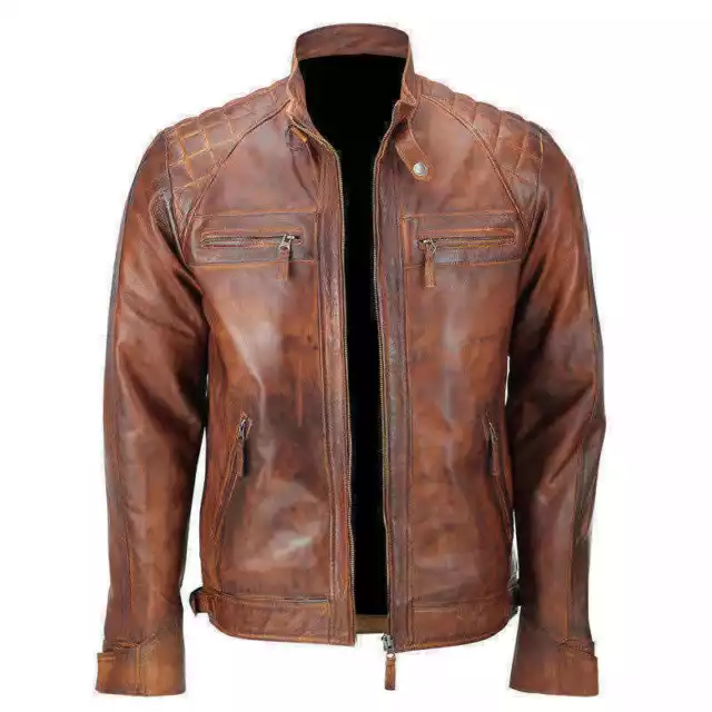 Giacca in pelle da uomo biker trapuntata vintage effetto invecchiato moto cafe racer - B2
