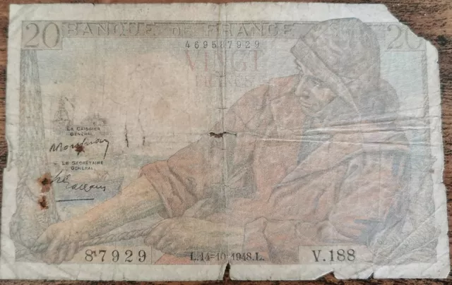 Billet 20 francs PÊCHEUR 14 - 10 - 1948 FRANCE V.188 (usé, abimé cf photos)