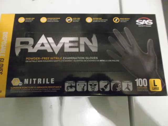 New Box of 100 SAS Safety Raven Black 7 MIL Nitrile Exam Gloves-Sz L-66518