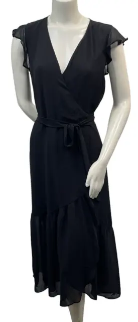 Bar III Maxi Wrap Dress Womens size Large Petite PL Black Vneck Cap Sleeve New