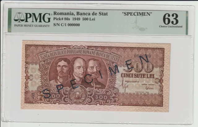 Romania, 500 Lei, 1949, SPECIMEN, UNC, PMG 63, Pick 86s