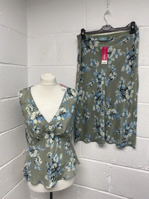 Whistles 100% Silk Top & Skirt 2 Piece Set Sage Green Floral Print BNWT UK14 PP