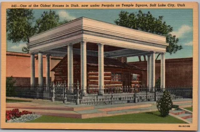 Salt Lake City Utah UT Oldest House Temple Square Pergola Linen Vintage Postcard