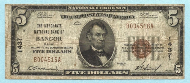 $5 National Currency 1929 - Type 1 - Ch#1437 - Merchants NB, Bangor, ME - VF