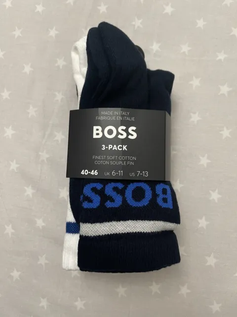 $30 Hugo Boss Men's 3-Pack Bold Logo Stripe Cotton Socks Sz. 7-13